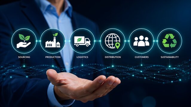 Businessman holding a digital supply chain network emphasizing sustainable logistics and green production