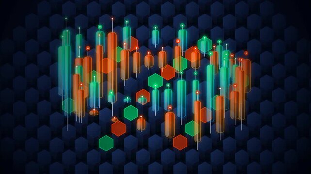 Digital financial trading analysis visualization in a dark background environment