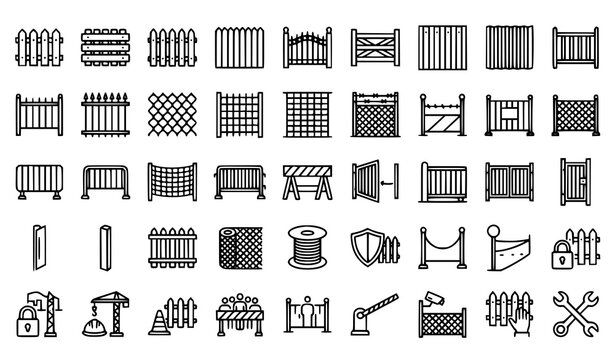 Security Fence and Construction Barrier Editable Stroke Outline Vector Icon Pack with Wood Metal Mesh and Crowd Control Systems