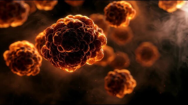 Cells are shown changing shapes and colors in a close-up view. This action takes place in a dark background, creating a lively scene.
