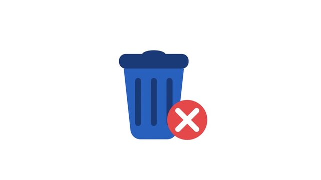 Minimalist blue trash bin with red cancel cross icon representing data deletion motion animation