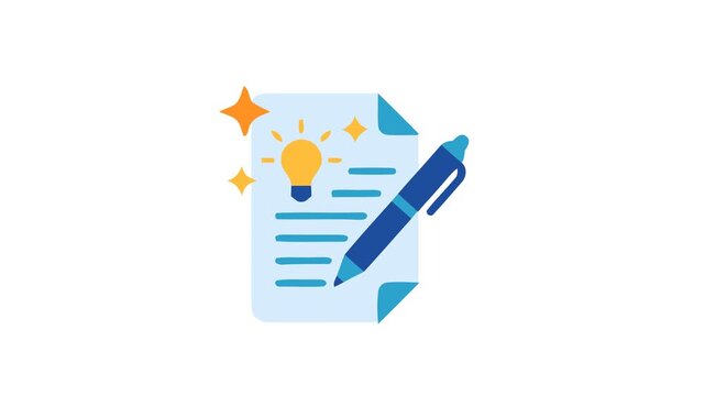 Creative idea AI writing with lightbulb icon glowing on a paper document sheet in a clean motion graphic style