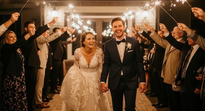 A joyful newlywed couple holding hands and walking through a grand sparkling exit during their wedding reception, surrounded by cheering guests raising sparkler wands in. 