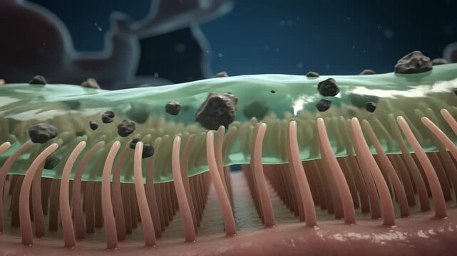 Cilia moving mucus and particles in the respiratory tract