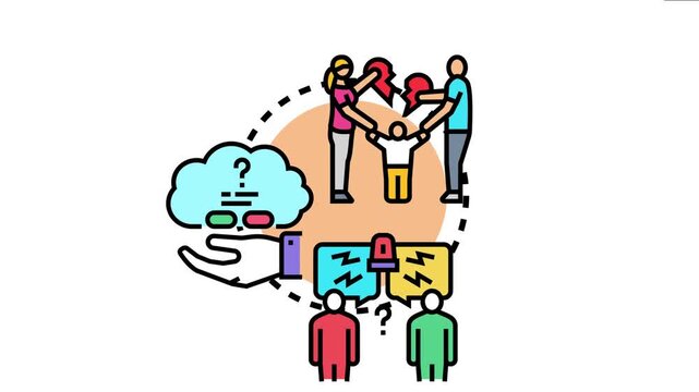 Icon conflict resolution methods, showing a family facing separation, individuals in disagreement, and a hand offering solutions for problem solving and mediation