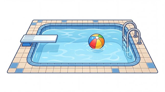 Bright blue swimming pool with diving board and colorful ball rendered in isometric on white background