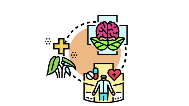 Alternative healthcare concept combining a brain with plant leaves symbolizing natural remedies, alongside a human figure with traditional medicine and holistic well being approaches