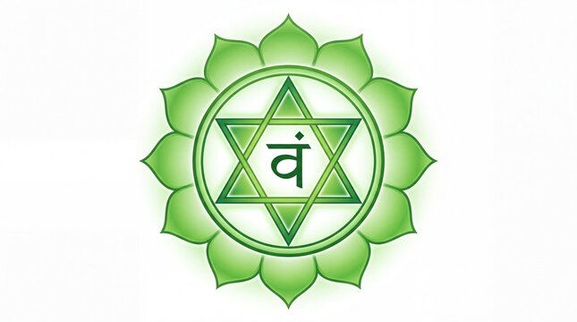 Radiant green heart chakra symbol featuring twelve petals and star shape displayed on white background