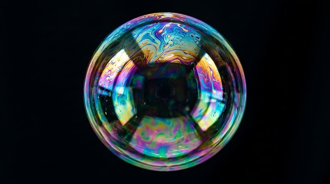 Large iridescent soap bubble floating against a solid black background, showing swirling rainbow colors on surface