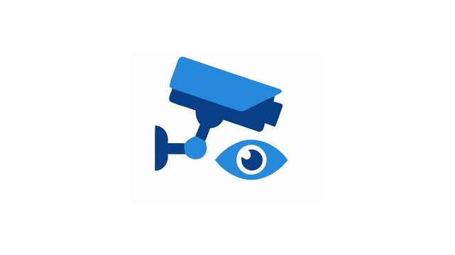 Blue surveillance camera and eye icon flat animation portraying digital monitoring systems