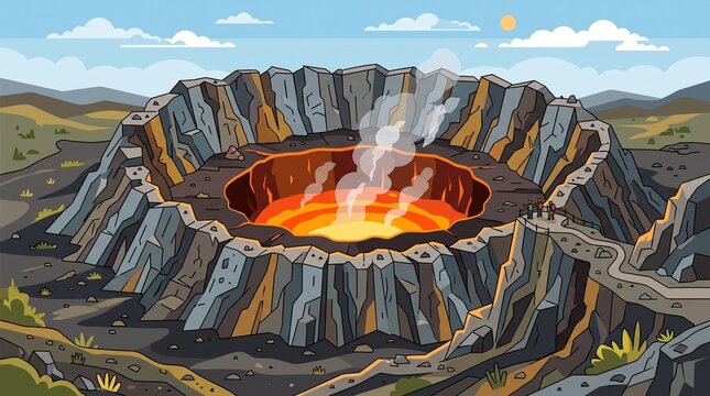 Active volcano crater with lava and hikers