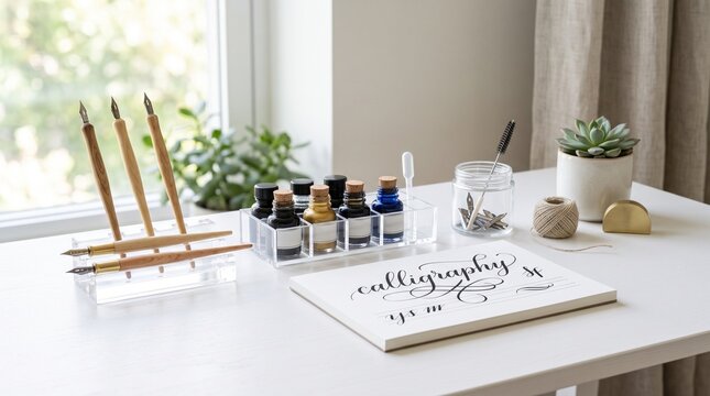 Calligraphy pens ink and practice book on a white desk