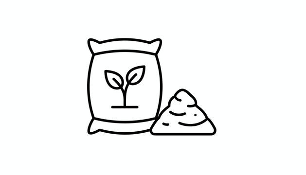 Line icon depicting a sack of fertilizer with a plant sprout logo next to a small pile of rich organic garden soil.