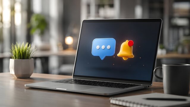 Laptop computer displaying floating 3D chat bubble and notification bell icons on a wooden desk.