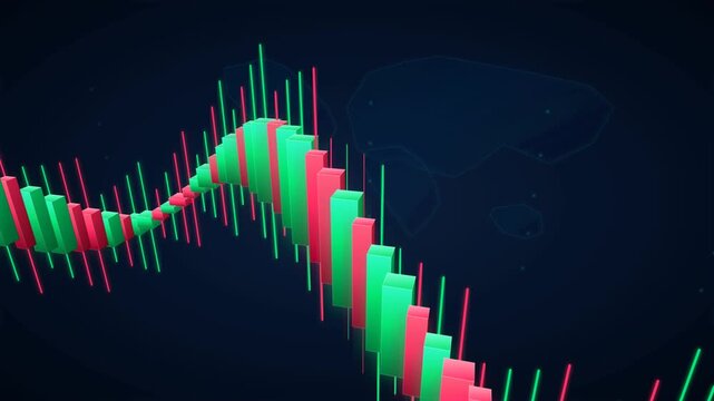 Digital candlestick chart showing financial market trend in a dark background environment