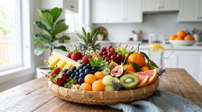 Fresh tropical fruit basket on wooden kitchen table