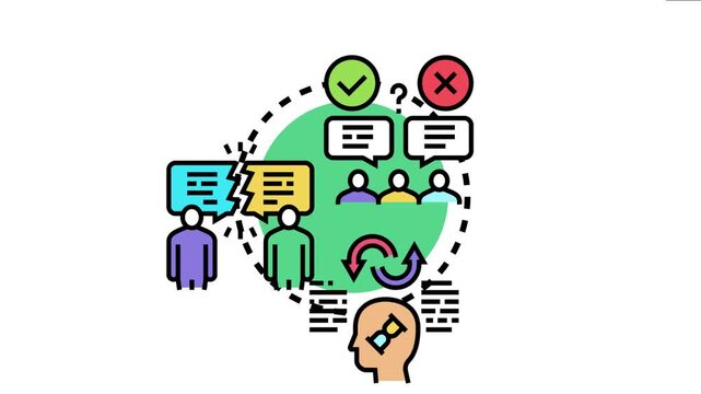 People communicating diverse perspectives and opinions, analyzing information, and forming new understanding through a cycle of thought and discussion, accepting or rejecting ideas