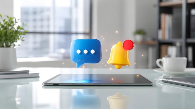 Tablet resting on a desk with hovering 3D chat bubble and notification bell icons in a modern office.