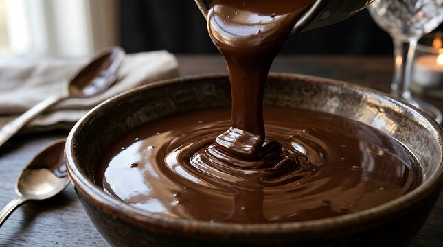 Rich, melted dark chocolate being poured from a metal container into a ceramic bowl on a rustic wooden table setting