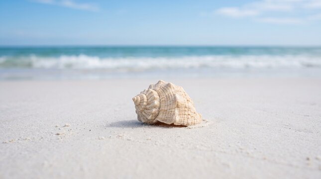 Seashell on white sand beach with ocean waves in background