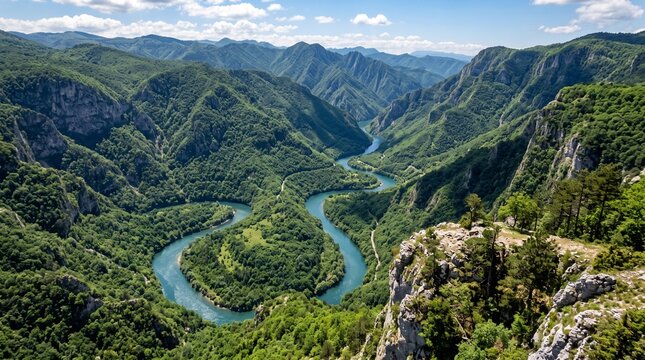 Aerial view of winding river in lush green canyon