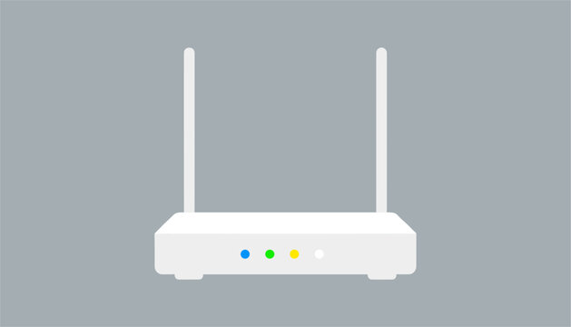 Modern white internet router with two vertical antennas and colored indicator lights on a grey background.
