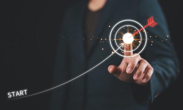 Development to success and growing growth to target business concept. Businessman drawing arrow line plan from start to top success. Corporate future Goals, ambition, achievement and challenges.