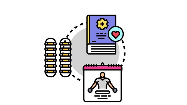 Always on training concept a cyclical process of continuous learning from manuals, performing fitness activities, and tracking progress with a calendar icon