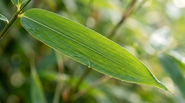 Single long green bamboo leaf with visible veins and a small water droplet against a blurred natural green background