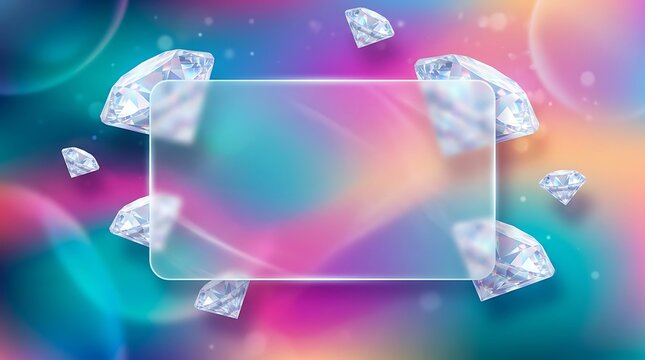 Transparent glass frame with sparkling diamonds on a colorful abstract background, with soft light, and bokeh effects