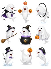 Obraz premium Nine cartoon beluga whales are depicted in a festive Halloween theme. Each character sports a whimsical costume, including a vampire, witch, ghost, and pirate. Set against a clean white background.