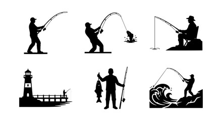 Fototapeta premium Silhouette Fishing Icons Set, Angler Activity Vector Graphics, Ocean and Lake Leisure Scenes
