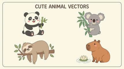 Obraz premium Cute Cartoon Animal Vectors: Panda, Koala, Sloth, Capybara