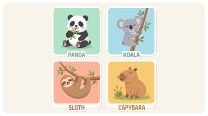 Obraz premium Cute Cartoon Animals: Panda, Koala, Sloth, Capybara - Educational Set