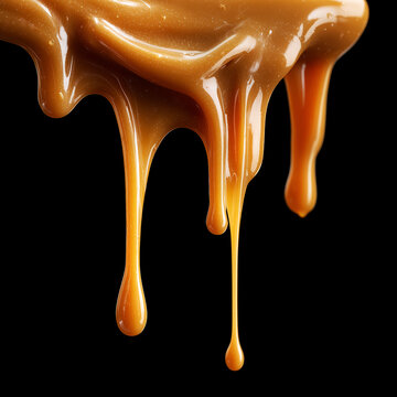 Closeup creamy peanut butter drip on black background with clipping path, concept of food texture and flavor richness