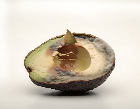 Rotten Halved Avocado with Visible Mold and Decomposition on White Background