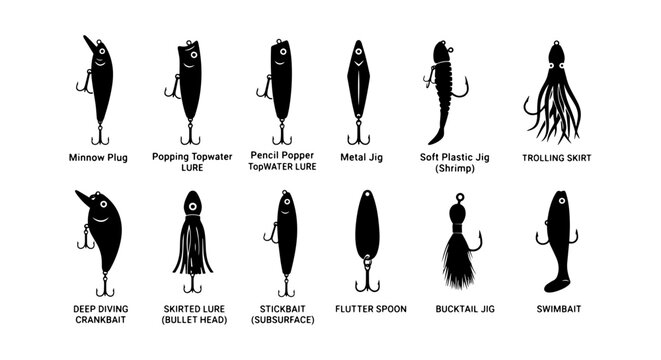 Fishing Lures Collection: Minnow Plug, Popper, Pencil Popper, Metal Jig, Soft Plastic, Trolling Skirt, Deep Diving Crankbait, Jerkbait, Stickbait, Spoon, Bucktail Jig, Swimbait