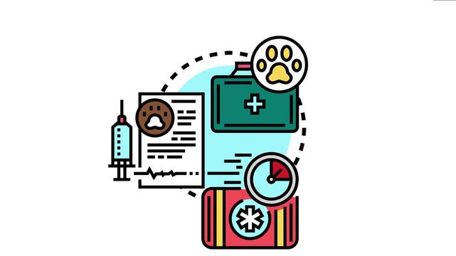 Animal ambulance service providing emergency veterinary care, including a first aid kit, medical report, injection, and quick response for pet health and wellbeing