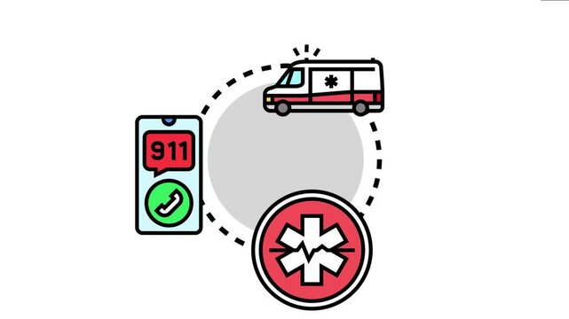 Illustration depicting an emergency medical system with a helpline call from a mobile device connecting to an ambulance and first responder services, aiding health care and public safety