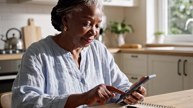 Senior woman using smartphone at home in bright kitchen, active aging and digital lifestyle concept
