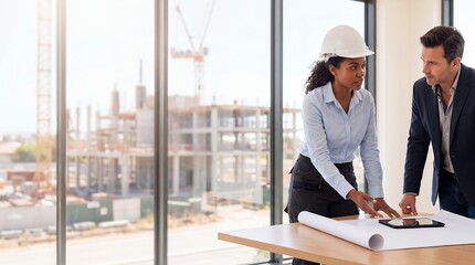 Fototapeta premium civil engineer interview construction manager blueprint job hiring recruitment woman shows a hardhat professional reviewing plans with a manager beside an active building site for technical careers