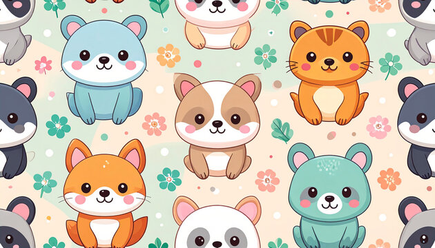 Whimsical seamless bear pattern featuring adorable cartoon bears, cheerful expressions, and playful kawaii illustrations.