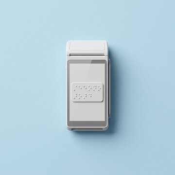 Braille payment terminal for visually impaired users, white credit card reader with tactile dots, accessible fintech device on blue background