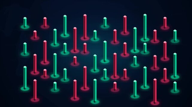 Abstract Isometric Background Featuring Glowing Red and Green Bars for Data Analysis