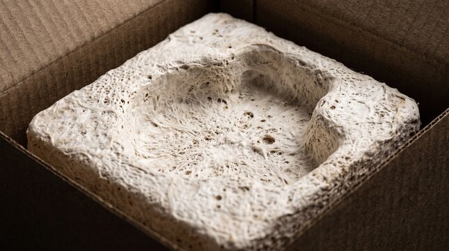 Textured white foam packaging insert inside brown cardboard box; Protective cushioning material for fragile items; Custom shaped die-cut mold in shipping container; E-commerce logistics