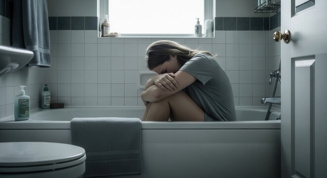 A realistic image of a distressed woman sitting curled up in a modern bathroom, evoking deep emotional sadness with soft lighting and muted tones.