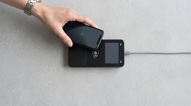 Contactless Payment User Experience. Smartphone Tapping on Portable Card Reader Terminal. Mobile Commerce Technology. Wireless Transaction Concept.