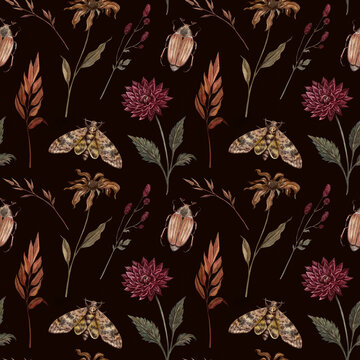 Vintage-style autumn seamless botanical pattern on a dark background for home textiles, packaging, and fabric.