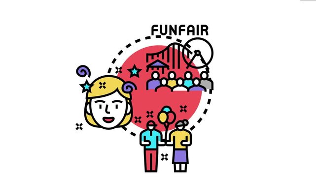 Amusement park concept art a funfair with various attractions, a cheerful person, and visitors enjoying leisure activities and entertainment rides
