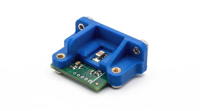Blue 3 d-rendered circuit protection bracket with mounting holes and electronic components